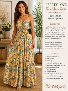 Liberty Floral Maxi Dress — Cream with Yellow, Blue & Coral